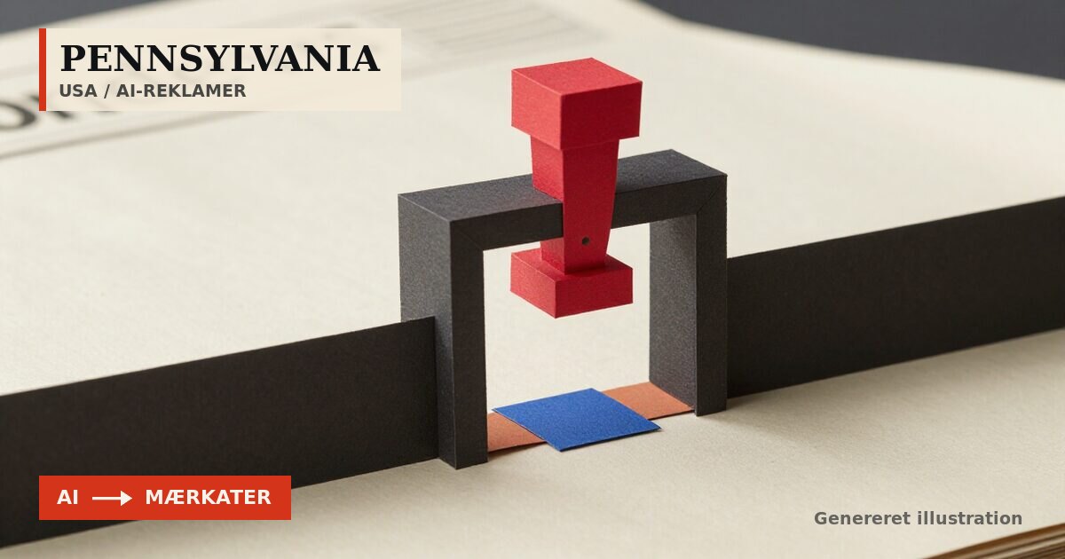 Redaktionel illustration til &bdquo;Pennsylvania kræver mærkat på AI-reklamer fra hele verden&ldquo;